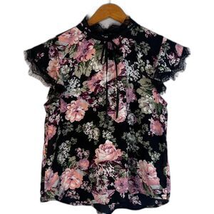 Lily White Black Floral Lace Ribbon Fairy Core Whimsical Dreamy Blouse Size MD